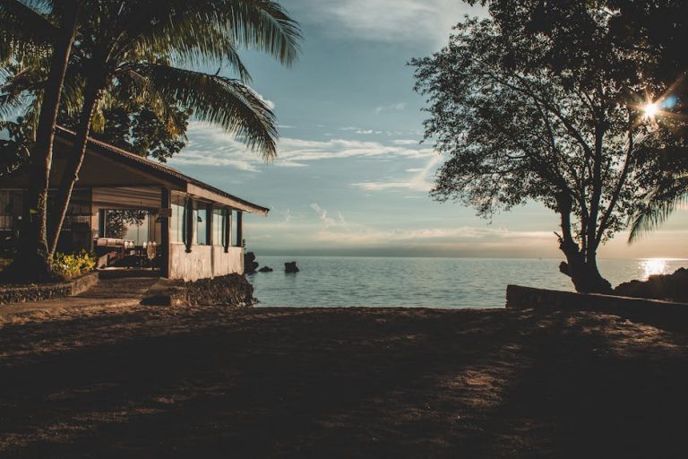 A serene beachfront house surrounded by palm trees overlooking a calm ocean during sunset.